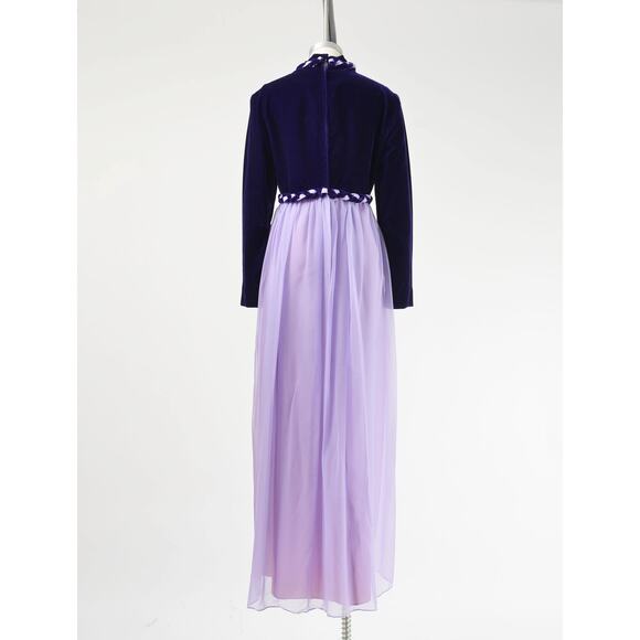 Vintage 60s Purple Formal Sheer Chiffon and Velvet Mod Retro Maxi Dress M L - Picture 6 of 9